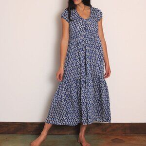 Matta NY Sabina Greece Blue White Block Print Tiered Cotton Maxi Dress S